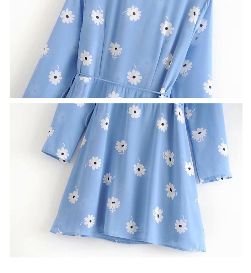 Fashion Blue Daisy Print V-neck Strap One-piece Wrap Dress,Mini & Short Dresses