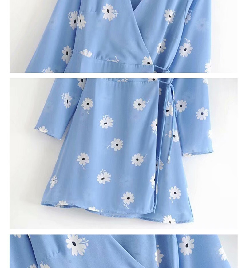 Fashion Blue Daisy Print V-neck Strap One-piece Wrap Dress,Mini & Short Dresses