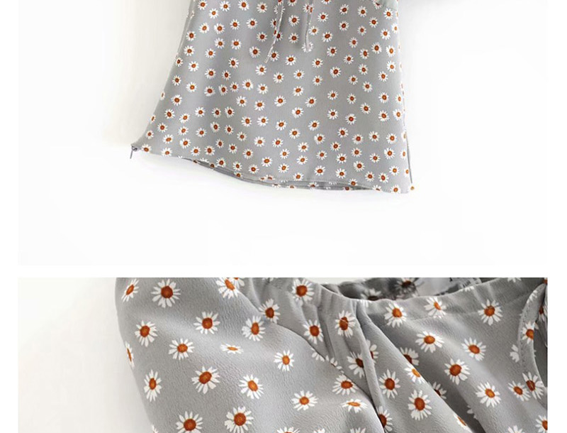 Fashion Gray Daisy Printed Lace-up Short-sleeved Shirt,Blouses