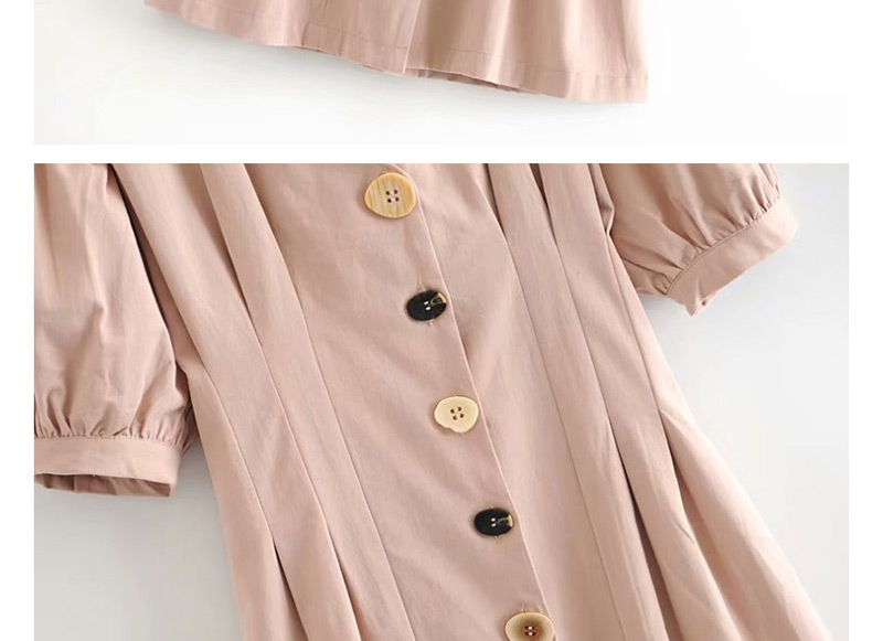 Fashion Naked Pink Single Row Button Lantern Sleeve V-neck Dress,Mini & Short Dresses