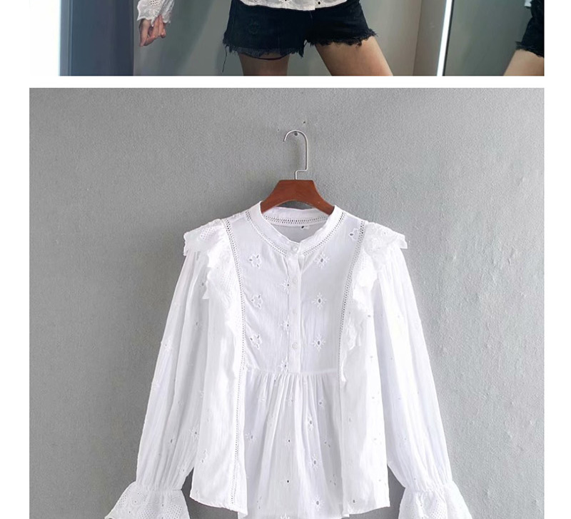 Fashion White Openwork Embroidered Ruffled Shirt,Blouses