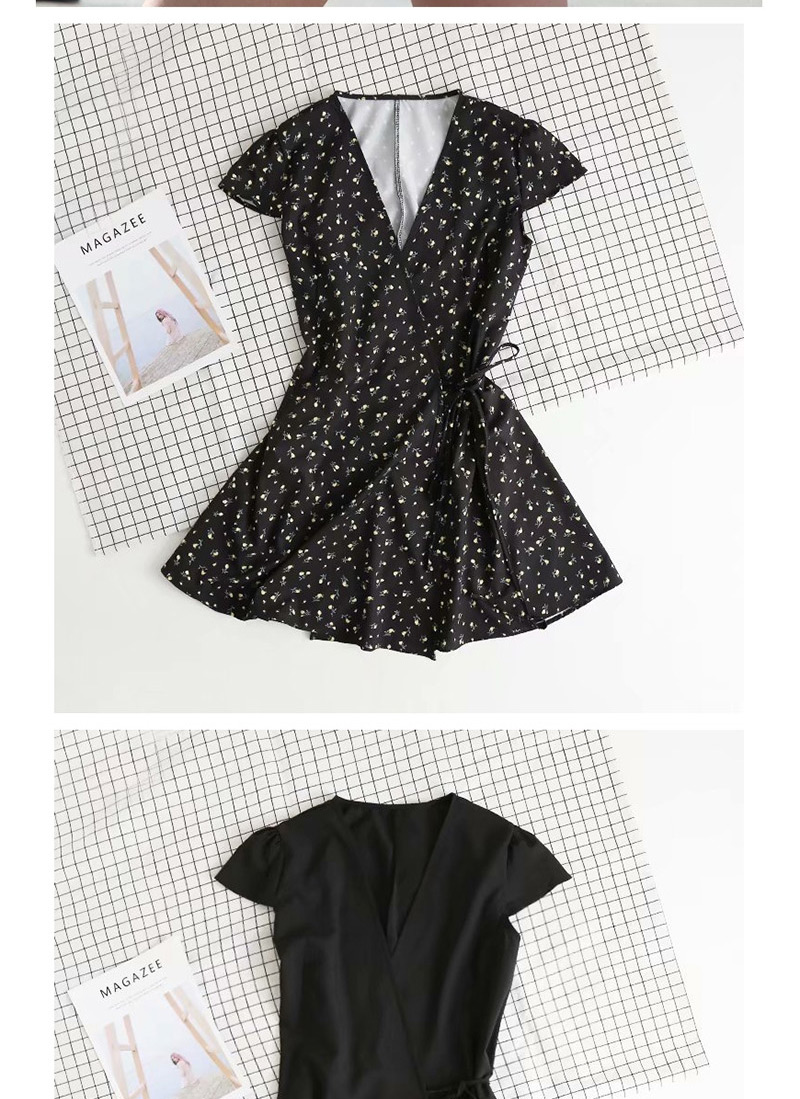Fashion Black Wave Point Flower Print Tie Rope V-neck Lace Dress,Mini & Short Dresses