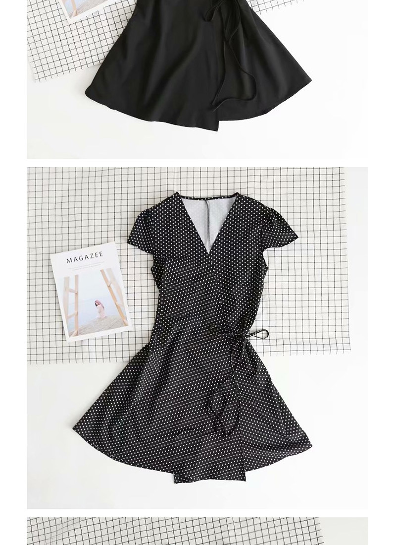 Fashion Black Wave Point Flower Print Tie Rope V-neck Lace Dress,Mini & Short Dresses