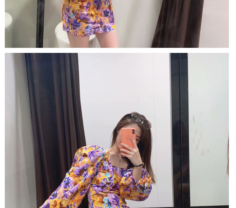 Fashion Yellow Fluffy Sleeved Floral Print Square Neck Dress,Long Dress
