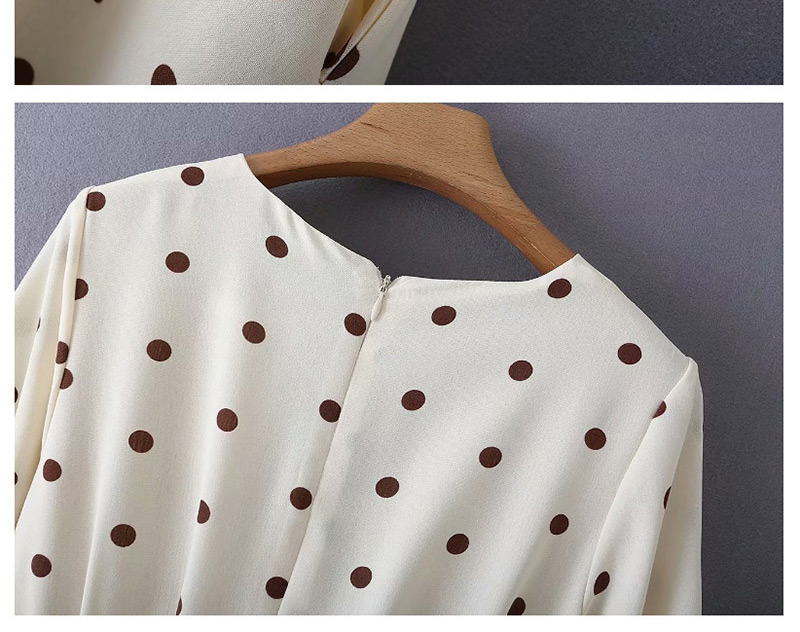 Fashion Cream Color Polka Dot Printed V-neck Sleeve Tie Lace Dress,Mini & Short Dresses