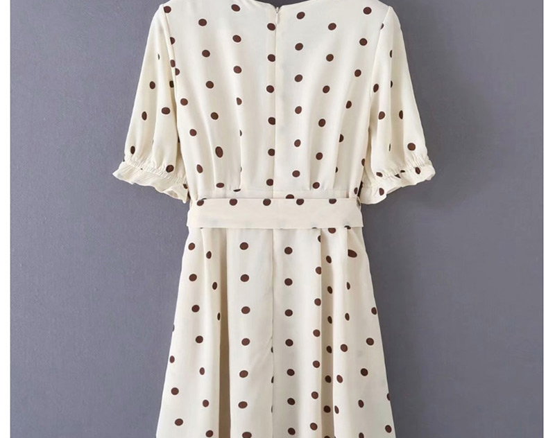 Fashion Cream Color Polka Dot Printed V-neck Sleeve Tie Lace Dress,Mini & Short Dresses