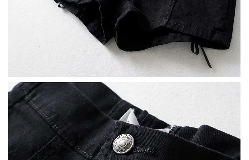 Fashion Black Washed Back Strap Denim Shorts,Shorts