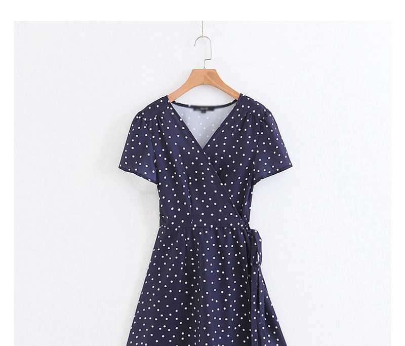 Fashion Blue V-neck Wrap-style Polka Dot Print Dress,Mini & Short Dresses