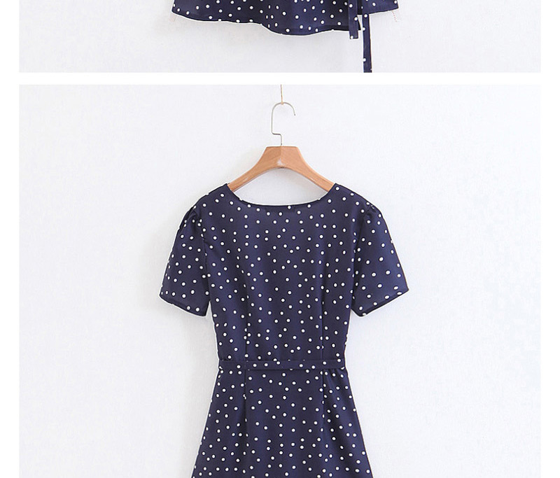 Fashion Blue V-neck Wrap-style Polka Dot Print Dress,Mini & Short Dresses
