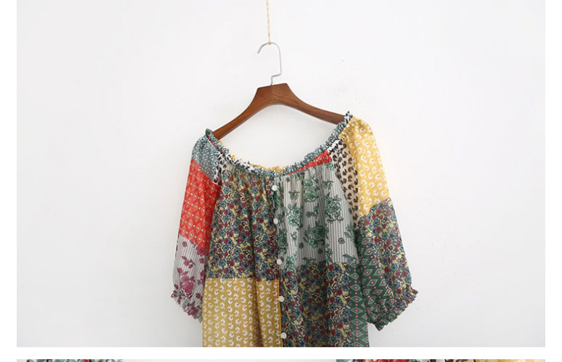 Fashion Color Patchwork Flower Print Single-breasted Shirt,Blouses