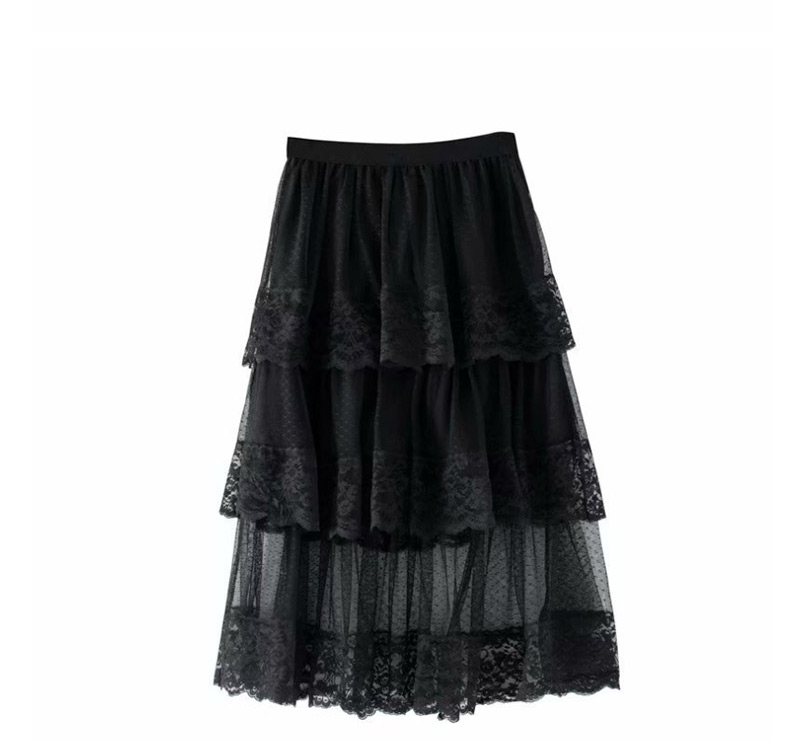 Fashion Black High-waist Stitching Lace Half-length Cake Skirt,Skirts