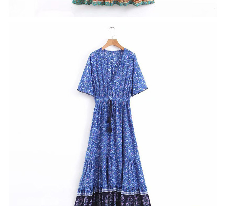 Fashion Blue Fringed Print Dress,Long Dress