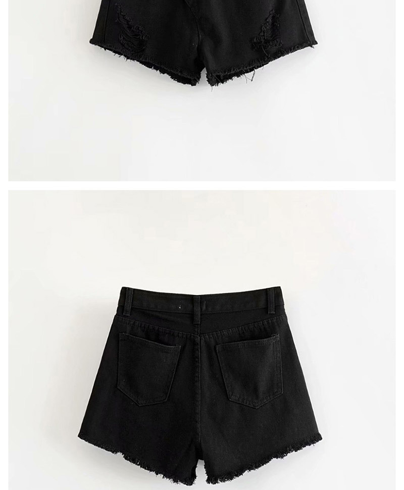 Fashion Black Washed Diagonal Buckled Denim Shorts,Denim