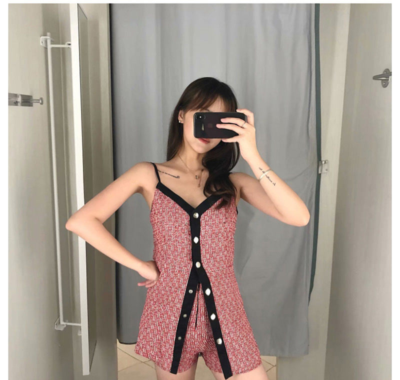 Fashion Red Wool Sling Single-breasted Jumpsuit,One Pieces