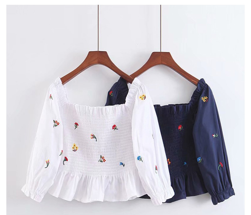 Fashion White One-shoulder Elasticated Embroidered Waist Lantern Sleeve Printed Shirt,Tank Tops & Camis