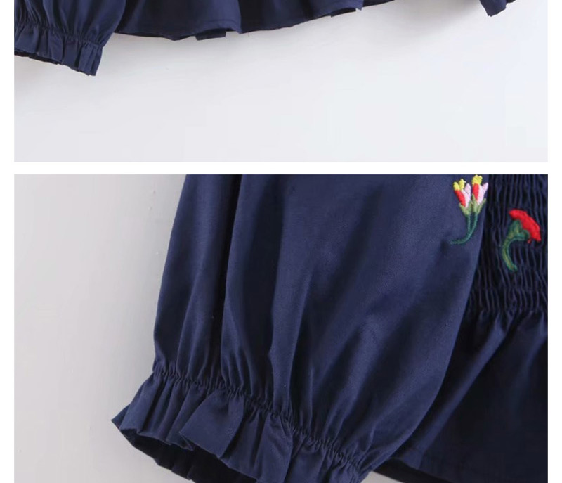 Fashion Navy One-shoulder Elasticated Embroidered Waist Lantern Sleeve Printed Shirt,Blouses