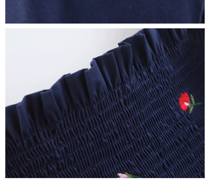 Fashion Navy One-shoulder Elasticated Embroidered Waist Lantern Sleeve Printed Shirt,Blouses