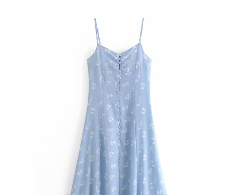 Fashion Blue Floral Print Sling Single-breasted Halter Dress,Long Dress