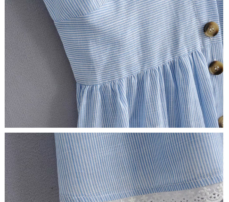 Fashion Blue V-neck Small Flying Sleeve Single-breasted Dress,Mini & Short Dresses