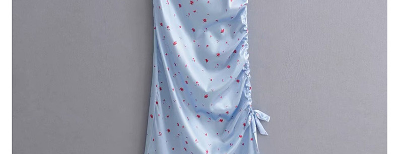 Fashion Blue Satin Flower Print Single-sided Drawstring Split Dress,Mini & Short Dresses