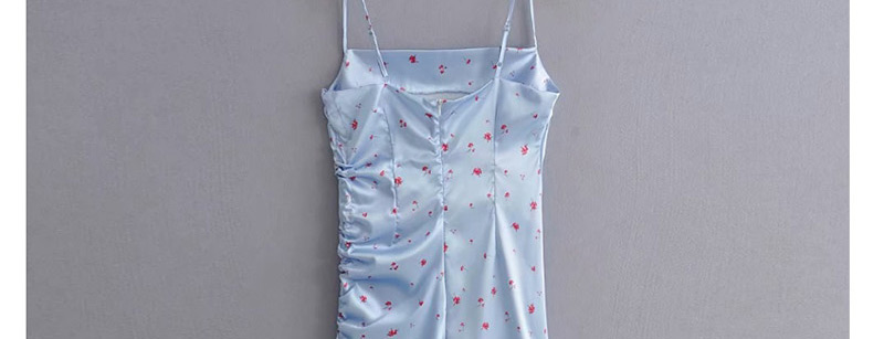 Fashion Blue Satin Flower Print Single-sided Drawstring Split Dress,Mini & Short Dresses