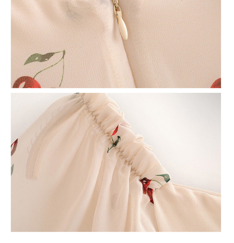 Fashion Beige Cherry Print Small Square Neck Dress,Mini & Short Dresses