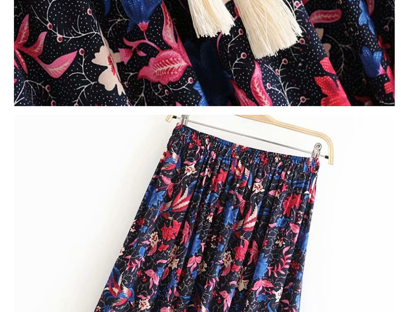 Fashion Dark Blue Phoenix Bird Print Elastic Waist Strap Skirt,Skirts