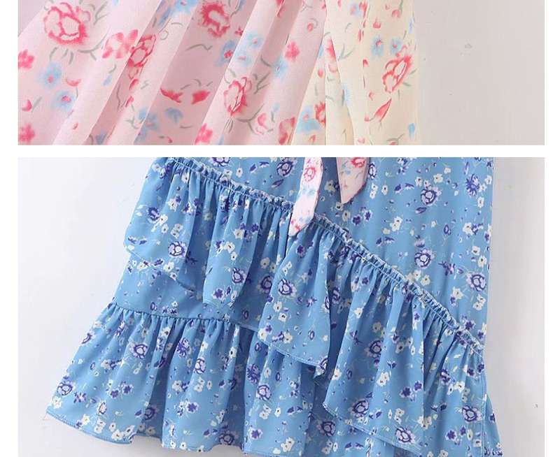 Fashion Pink + Blue Floral Print Colorblock Ruffle Dress,Mini & Short Dresses