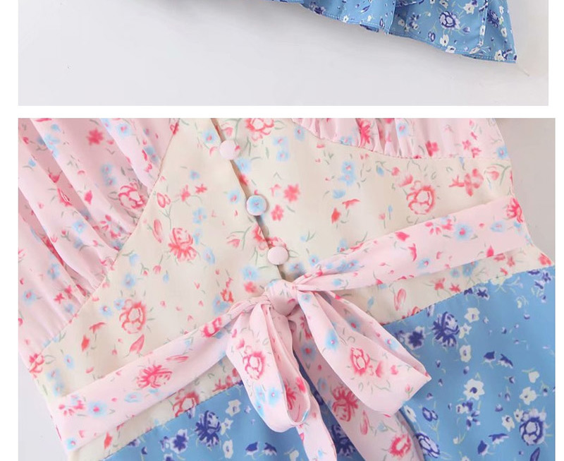Fashion Pink + Blue Floral Print Colorblock Ruffle Dress,Mini & Short Dresses