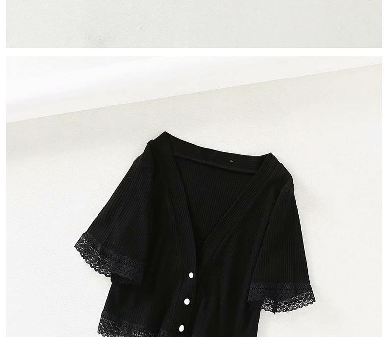 Fashion Black Ribbed Knit V-neck Button Short Lace-trimmed T-shirt,Hair Crown