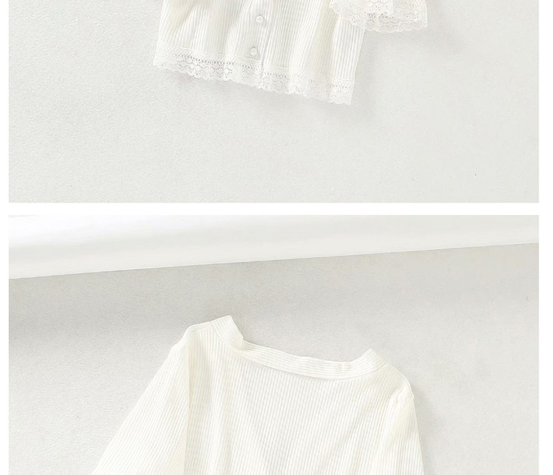 Fashion White Ribbed Knit V-neck Button Short Lace-trimmed T-shirt,Hair Crown