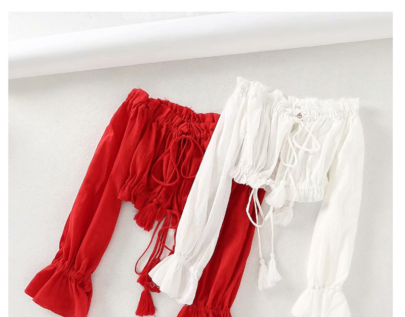 Fashion Red Fringed Laced One-shoulder Drawstring Short Shirt,Blouses