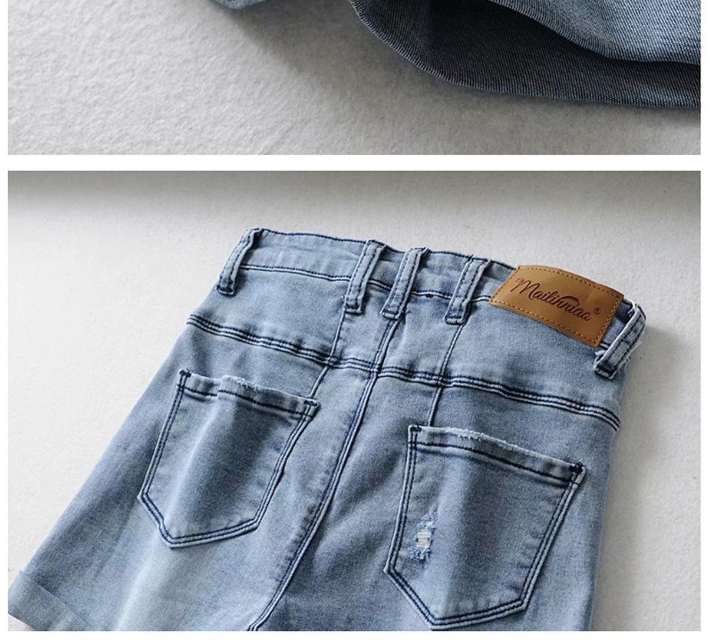 Fashion Blue Washed And Rolled Holes: Washed Denim Shorts,Denim