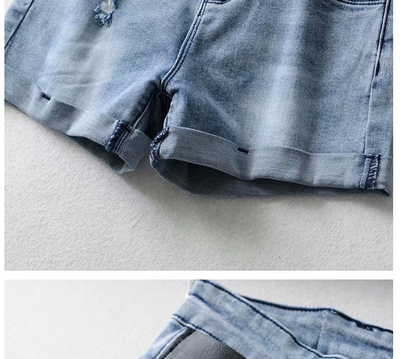 Fashion Blue Washed And Rolled Holes: Washed Denim Shorts,Denim