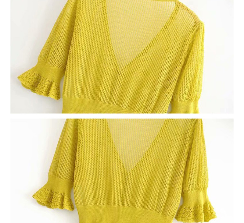 Fashion Mustard Green Ice Silk Openwork Sweater,Blouses