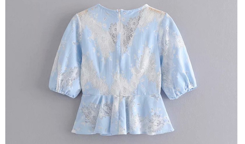 Fashion Blue Lace Stitching V-neck Perspective Shirt,Blouses