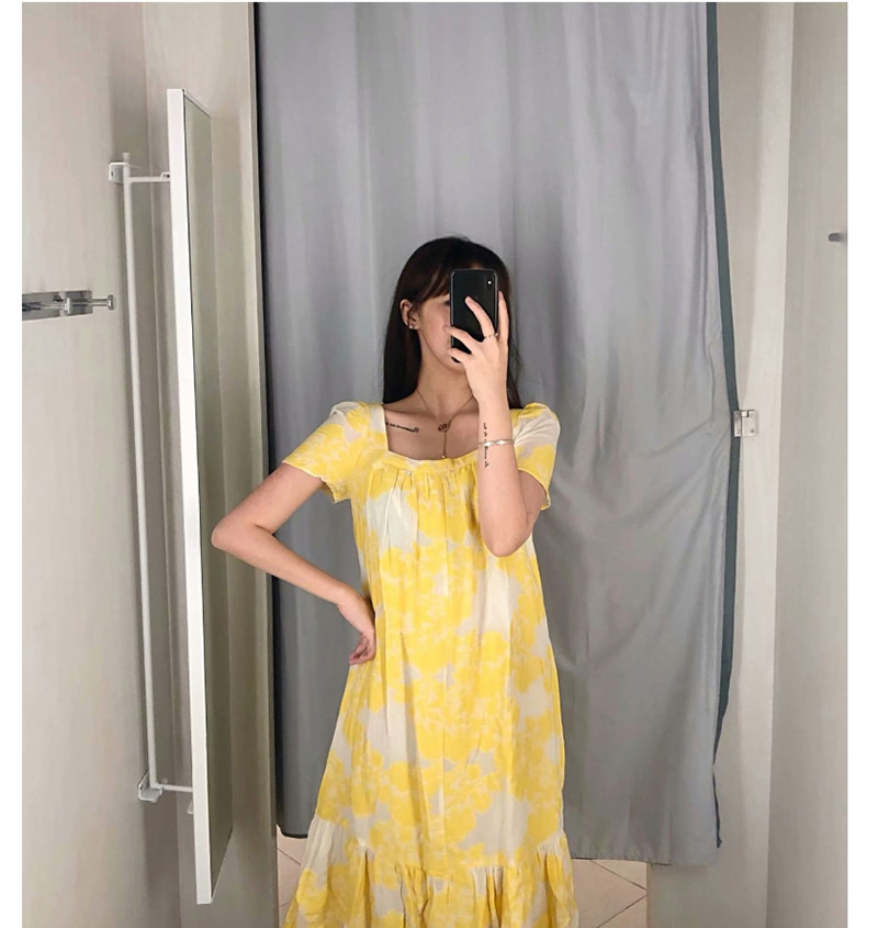 Fashion Yellow Floral Print Ruffled Hem Dress,Long Dress
