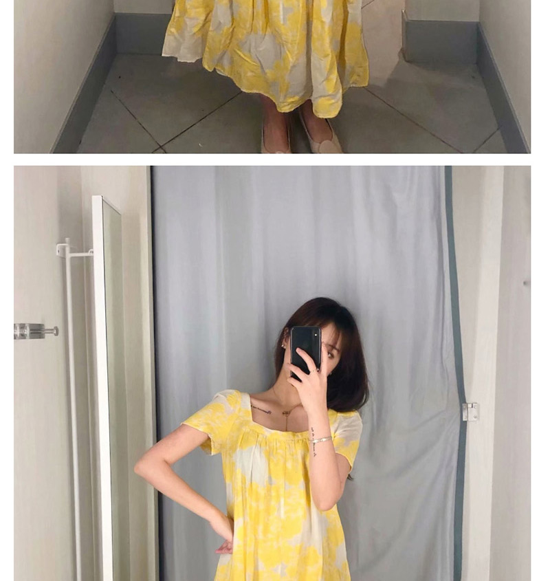 Fashion Yellow Floral Print Ruffled Hem Dress,Long Dress