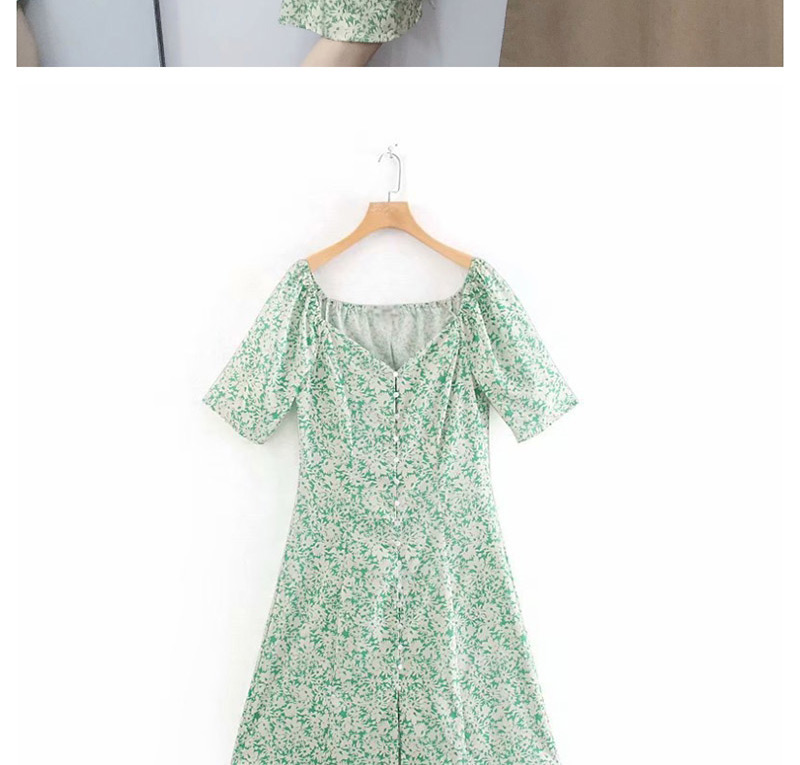 Fashion Green Square Collar Flower Print Single Breasted Dress,Long Dress