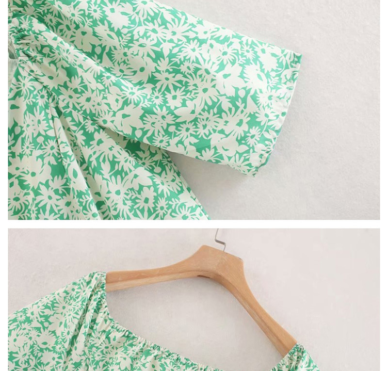 Fashion Green Square Collar Flower Print Single Breasted Dress,Long Dress