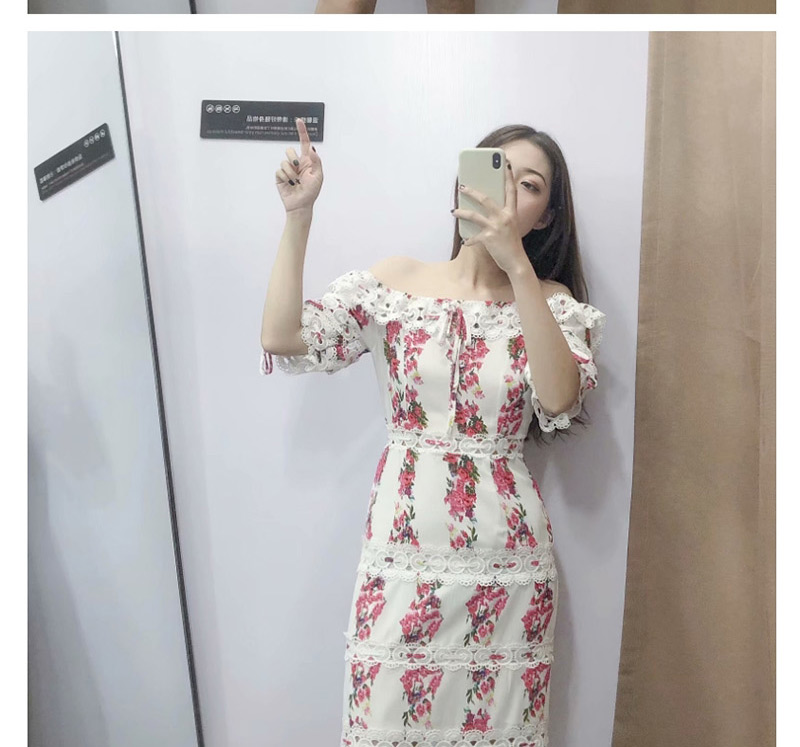 Fashion White Lace Stitching One Shoulder Flower Print Dress,Mini & Short Dresses