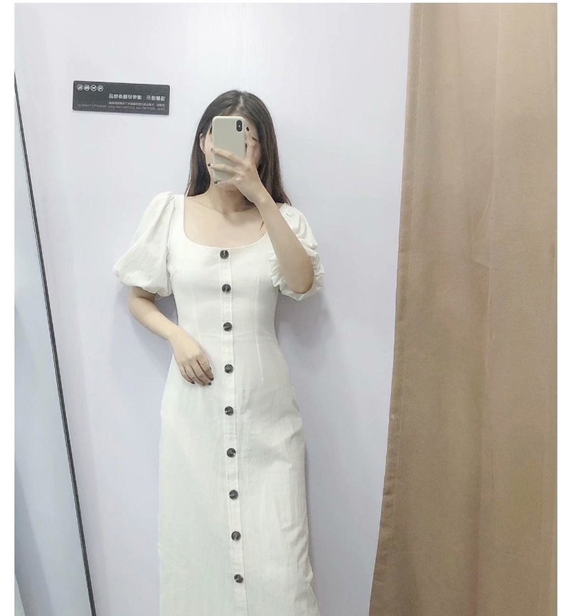 Fashion White Round Neck Puff Sleeve Single-breasted Dress,Long Dress