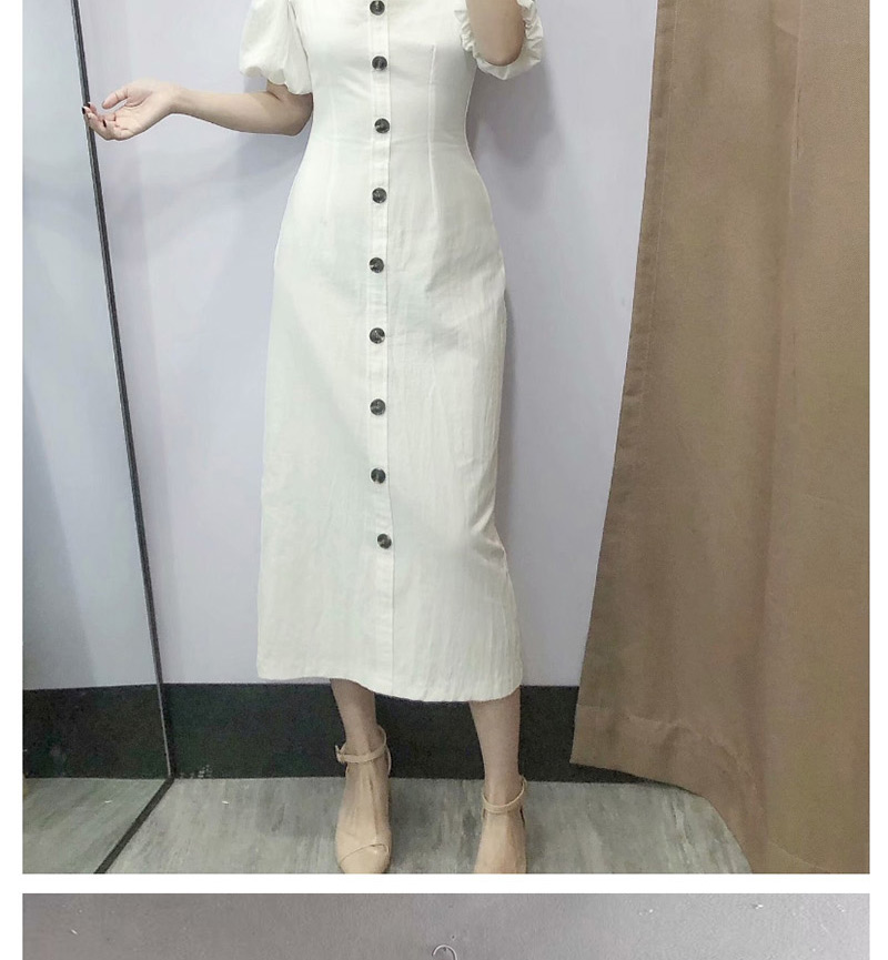 Fashion White Round Neck Puff Sleeve Single-breasted Dress,Long Dress
