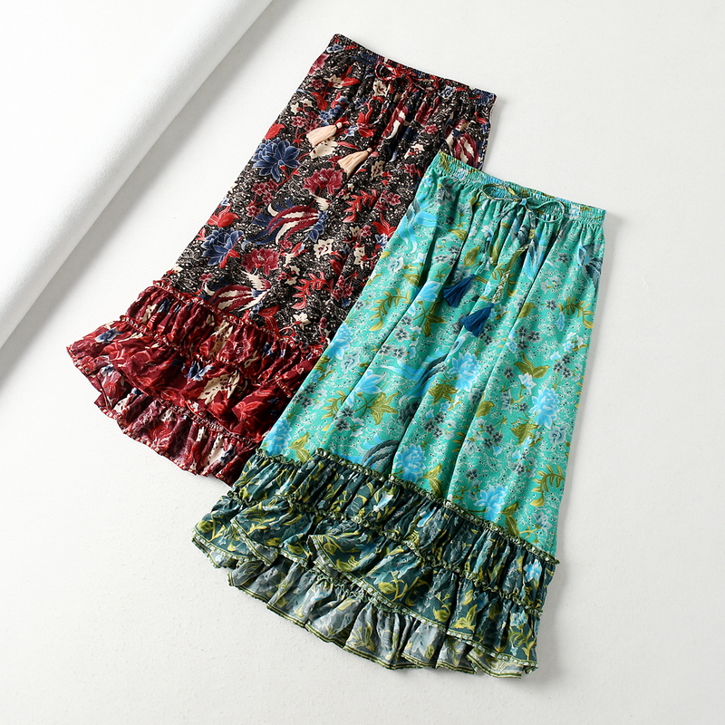 Fashion Green Cotton Printed Double-layer Lace Skirt,Skirts