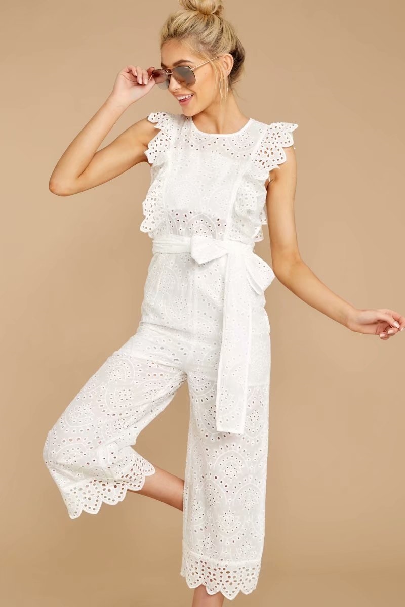 Fashion White Cotton Embroidered Jumpsuit,Pants