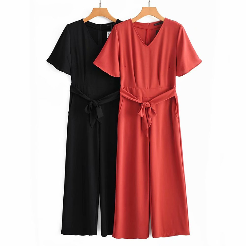 Fashion Red V-necked Flying Sleeves With Jumpsuit,Pants