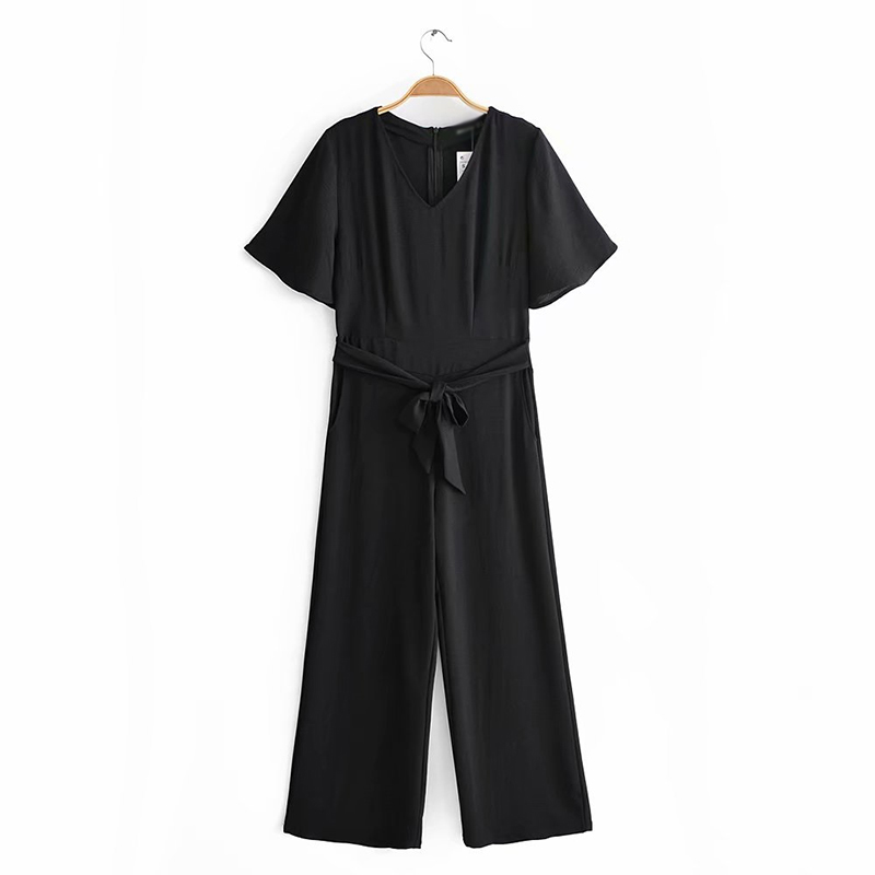 Fashion Black V-necked Flying Sleeves With Jumpsuit,Pants