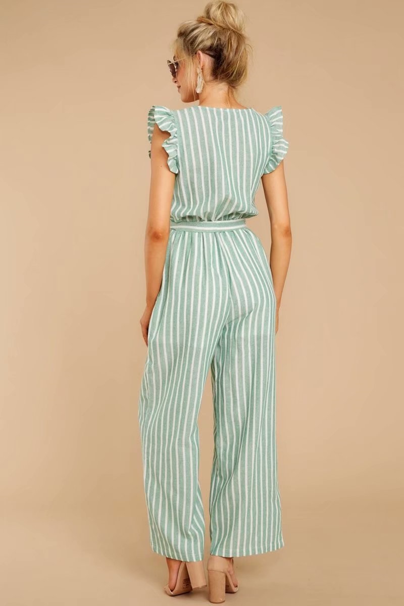 Fashion Khaki Ruffled Striped Print Jumpsuit,Pants