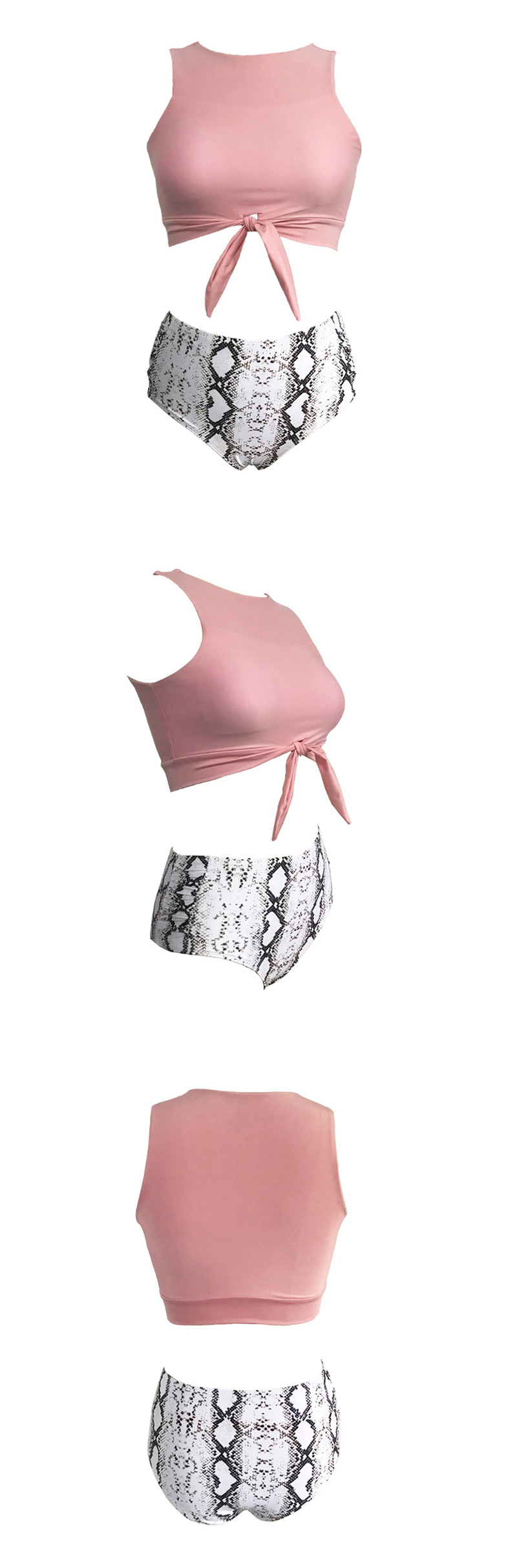 Fashion Pink High Neck Knotted Printed High Waist Split Swimsuit,Bikini Sets