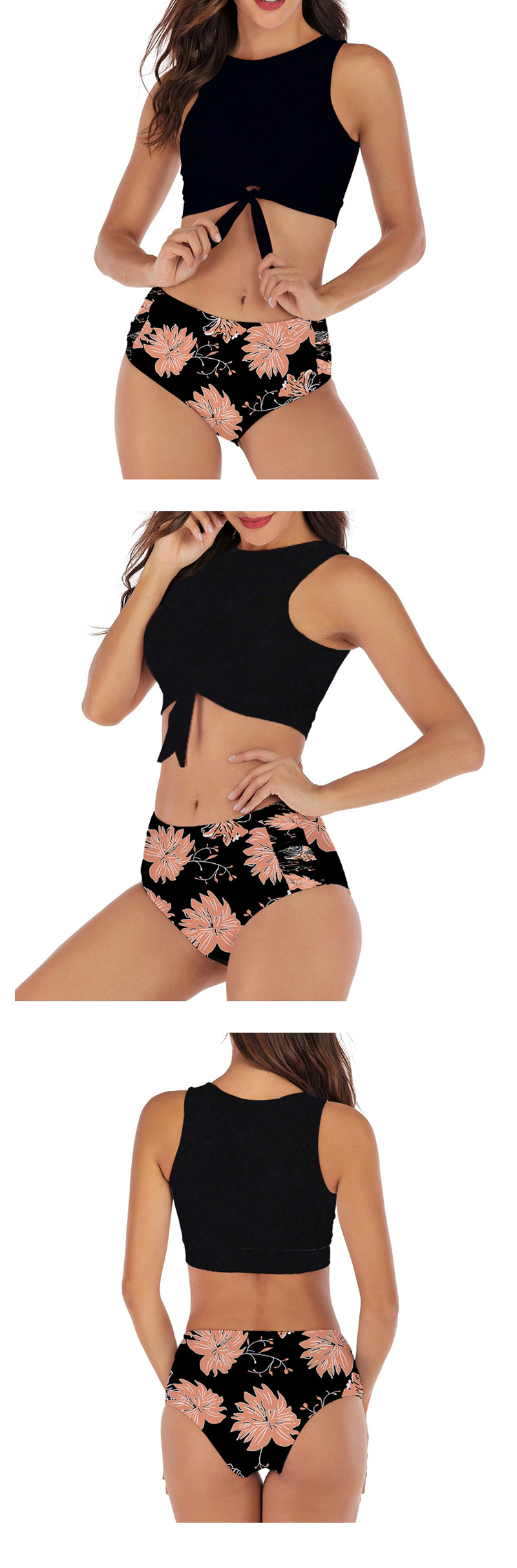 Fashion Black High Neck Knotted Printed High Waist Split Swimsuit,Bikini Sets
